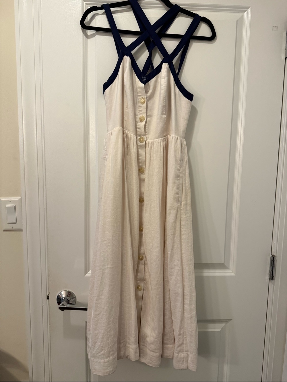 Maeve Cream Midi Dress with Navy Crisscross Straps Size 6